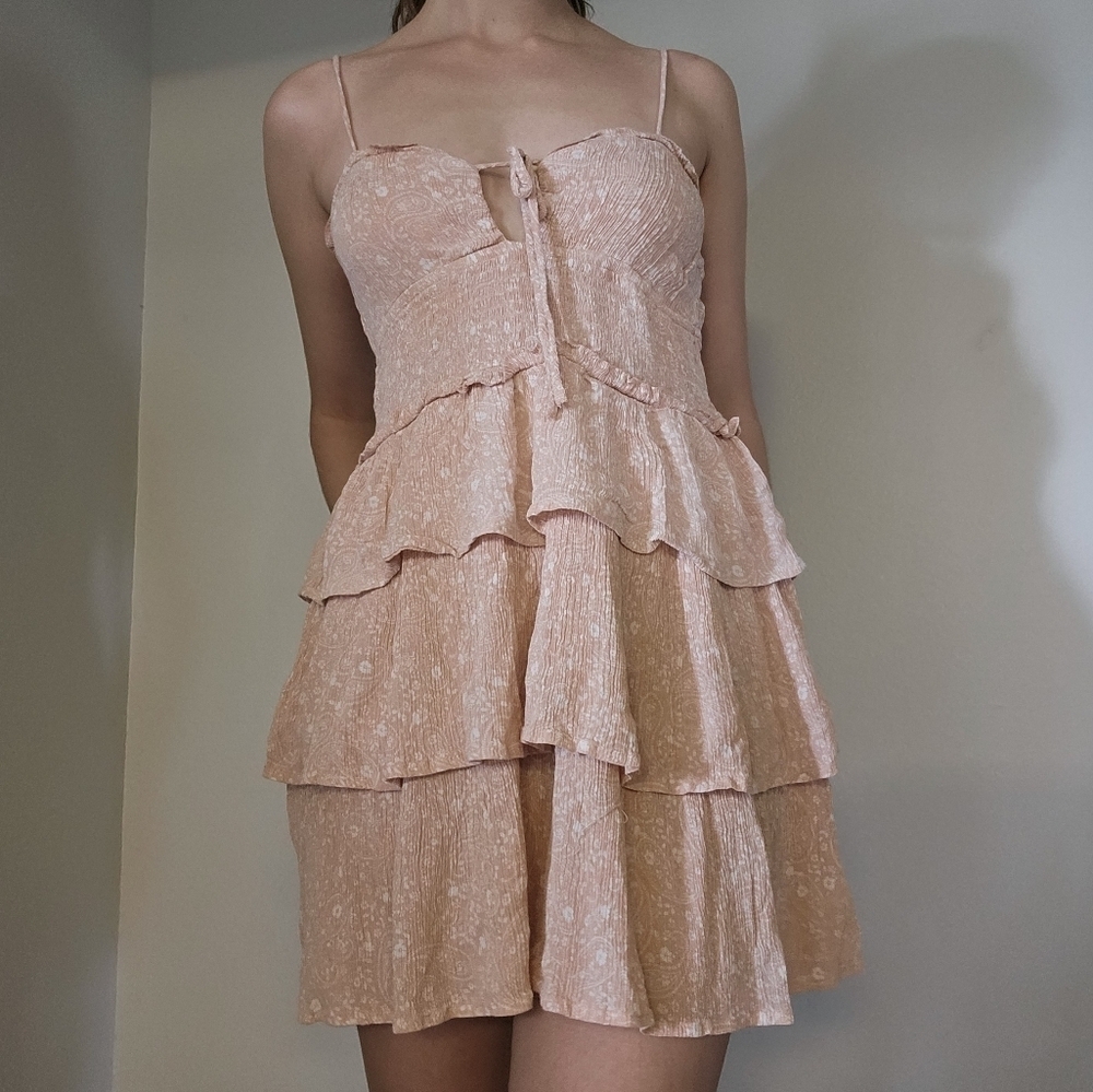 Y2K Bila77 Anthropologie floral pink spaghetti strap layered mini dress Size M